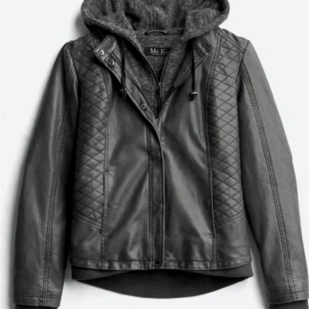 Mo-Ka Black Quilted Faux Leather Jacket with Hood size Large